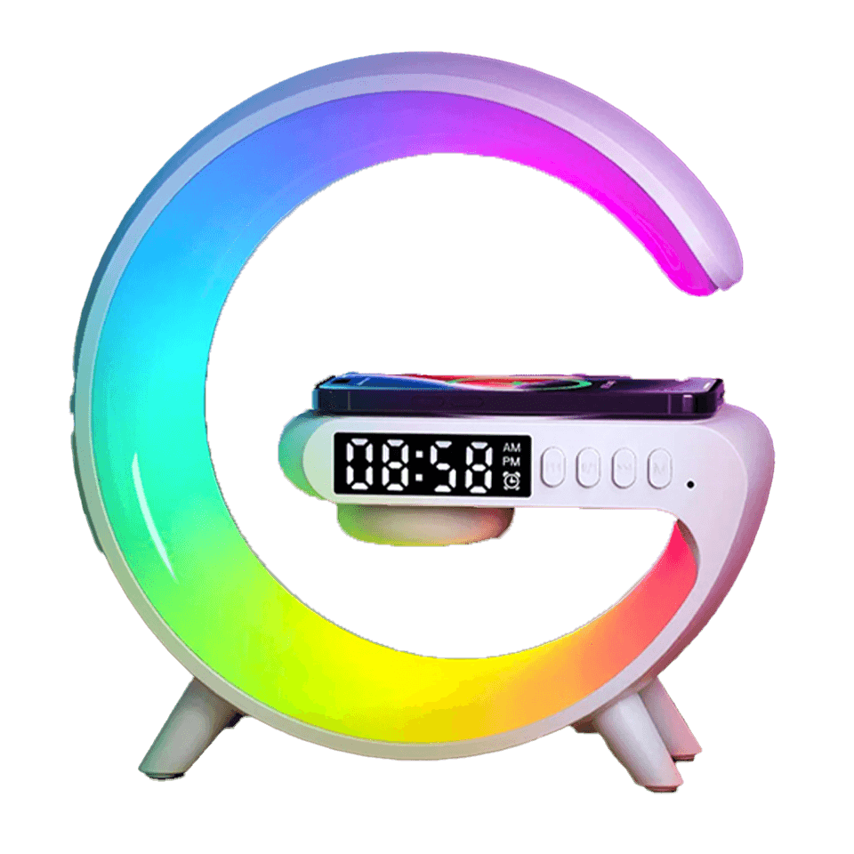 Lampe LED 4en1 connecté Bluetooth avec chargeur, hauts parleurs et réveil intégré
