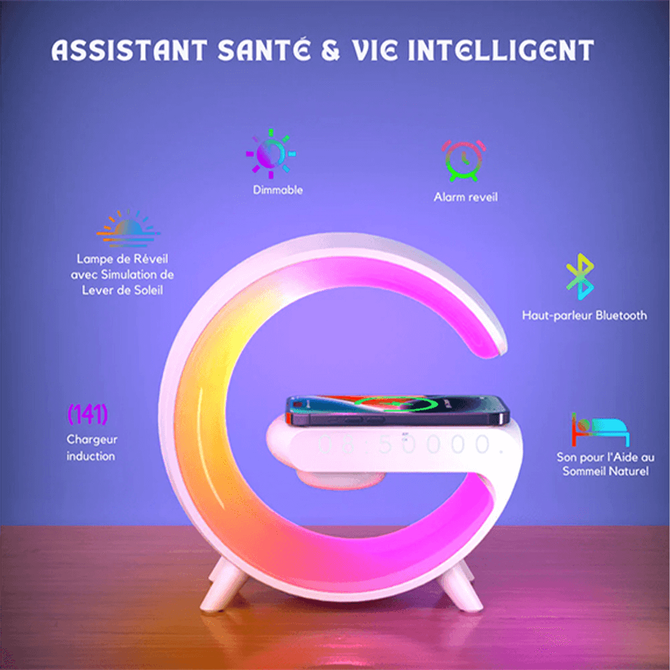 Lampe LED 4en1 connecté Bluetooth avec chargeur, hauts parleurs et réveil intégré – Image 3