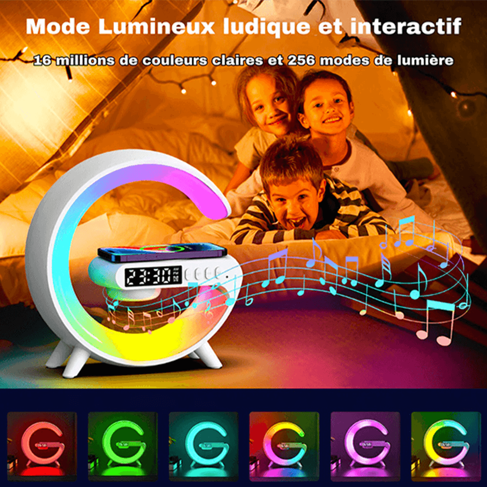 Lampe LED 4en1 connecté Bluetooth avec chargeur, hauts parleurs et réveil intégré – Image 4