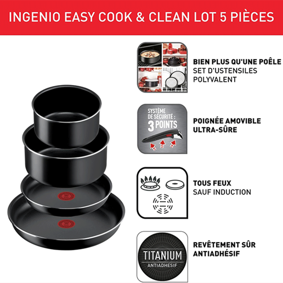 Batterie de cuisine 5 pièces avec poignée amovible TEFAL – Image 4
